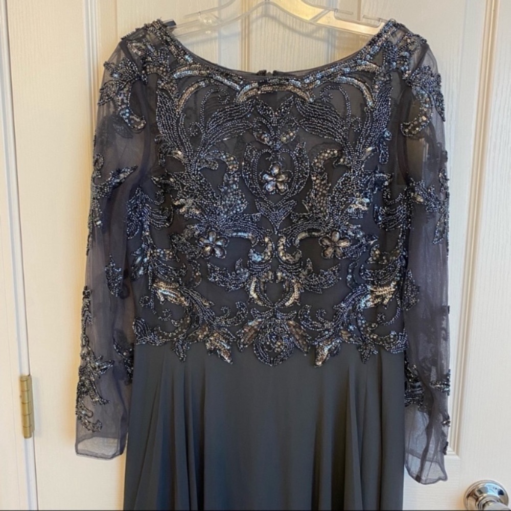 XSCAPE Women's Sequin Embellished Long Sleeve Boat Neck Chiffon Gown in Charcoal - Picture 3 of 9